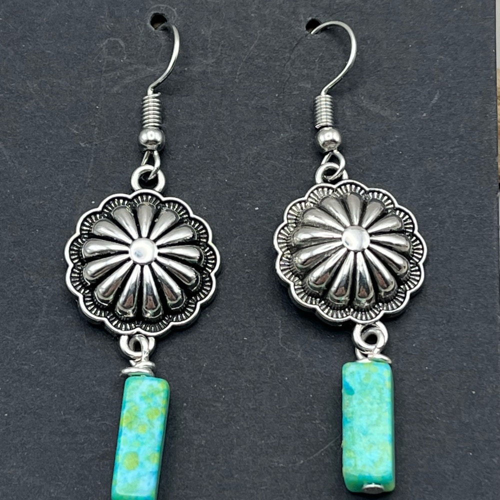 Silver Tone Flower Concho and Turquoise Dangle Earrings Boho Chic Jewelry
